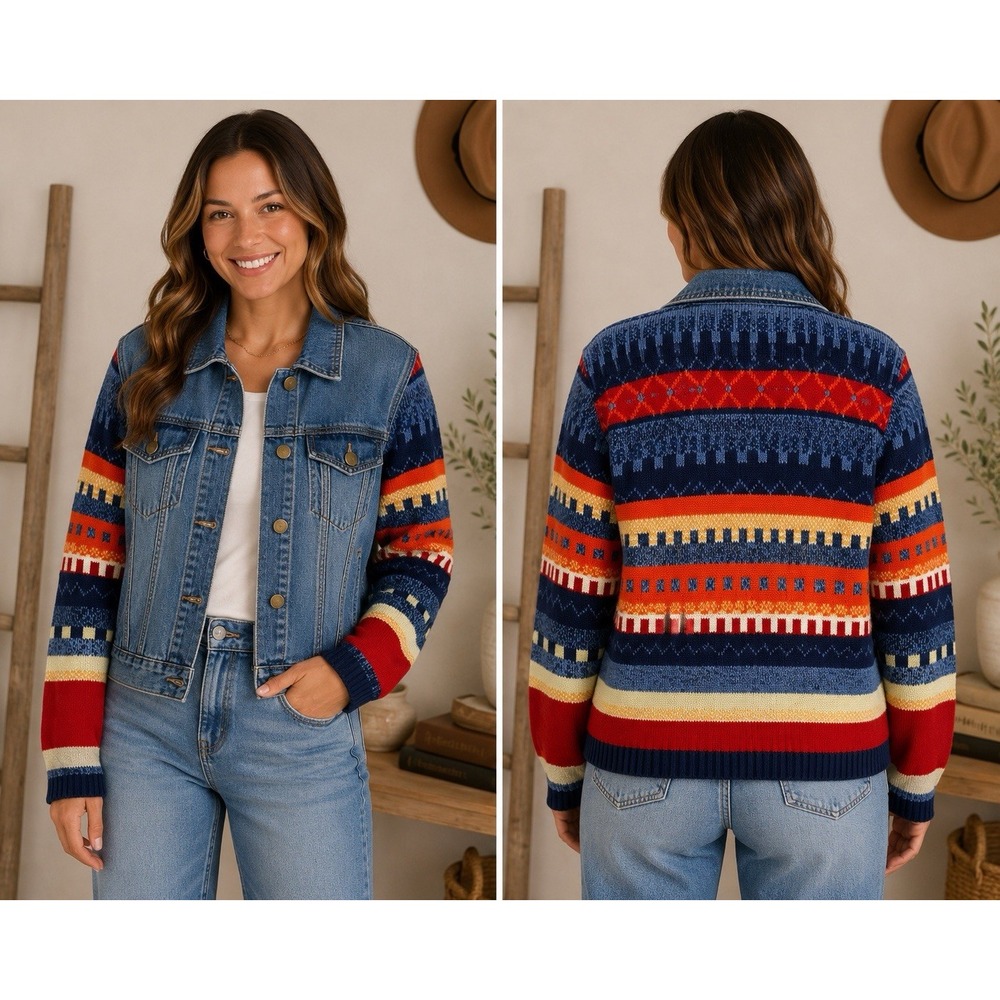 Vintage 90s Denim Knit Jacket L Southwestern Fair Isle Western Boho Colorblock